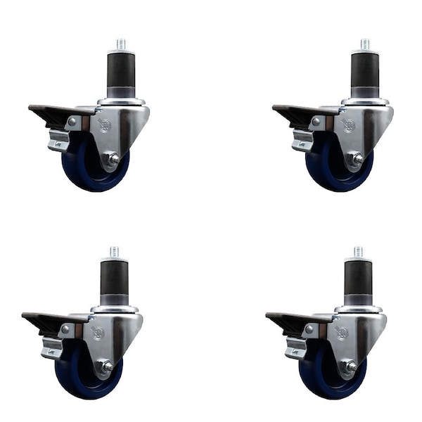 3'' Solid Poly Swivel 1-5/8'' Expanding Stem Caster Set with Brake, 4PK